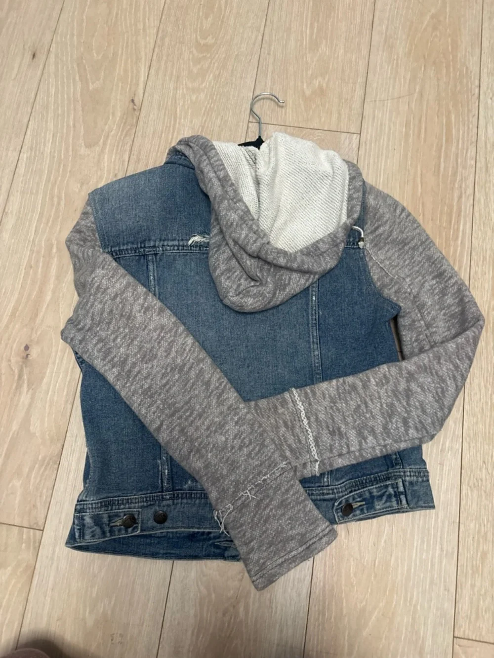 Free People Blue Denim Jacket with Gray Hoodie Sleeves - Picture 4 of 8